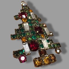 Vintage Weiss Rhinestone Christmas Tree Brooch Green Red Candle Holiday Pin