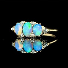 Victorian Cabochon Opal Old Mine Cut Diamond Band 14K Yellow Gold