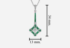 Art Deco Style Round Lab Created Diamond & Emerald Pendant 14k White Gold Finish
