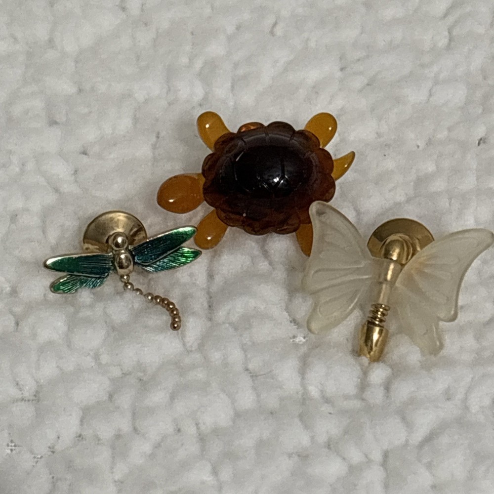 Lot Of 3 Vintage Lucite & Metal Avon Brooches Pins Turtle Dragonfly & Butterfly