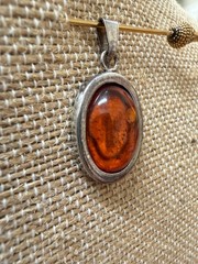Vintage Sterling Silver 925 Baltic Amber Oval Pendant Cognac Honey Modernist