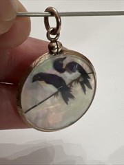 Antique Victorian Gold Filled Mother Of Pearl Bird Feather Round Etched Pendant