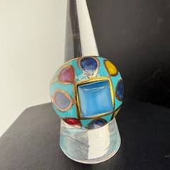 Enamel Dome Ring Blue Abstract Stainless Steel Gold Tone Size 8.75