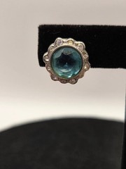 Vintage Faux Aquamarine Stud Earrings Silver Tone Scalloped Halo Crystal Border