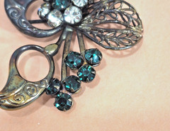Art Deco Revival Brass Filigree Pin Open back Green Rhinestones Czech style