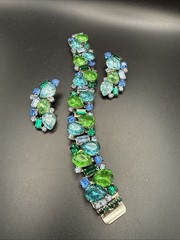 Juliana Style 1950’s Statement Rhinestone Bracelet Clip On’s Rare Blue Green