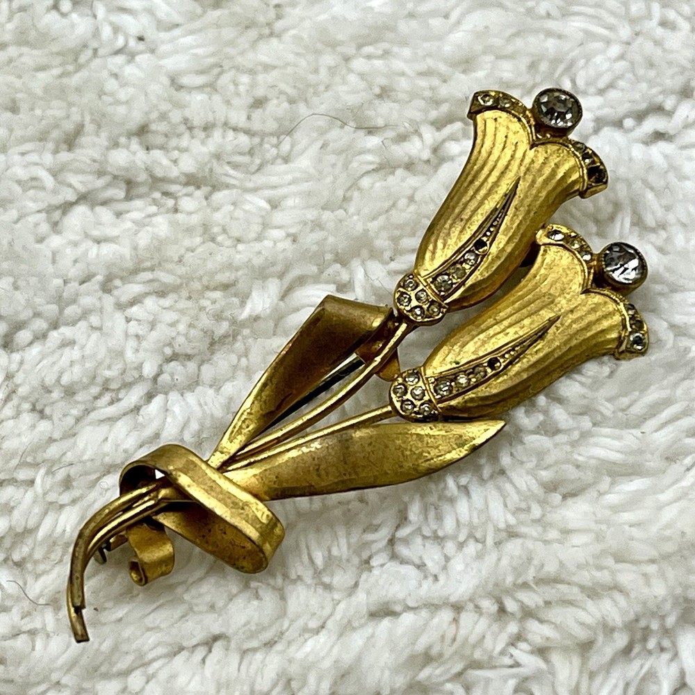 Vintage Antique Tulip Brooch Gold Tone Flower Trombone Clasp 2.75″ AS IS