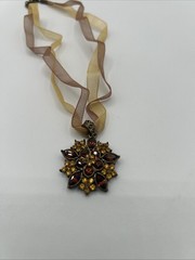 1928 Brand NECKLACE Bronze Colored Metal With Brown & Yellow Stones Sheer Ribbon