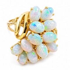Modernist 14K Gold Opal Cluster Ring 12 Natural Opals Size 7.75 Vintage Fire!