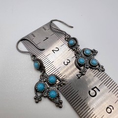 Vintage USSR 875 Silver Niello Turquoise Drop Earrings Ethnic Dangle Signed 70s