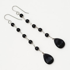 Black Onyx Bead Shoulder Duster Long Linear Silver Tone Pierced Hook Earrings