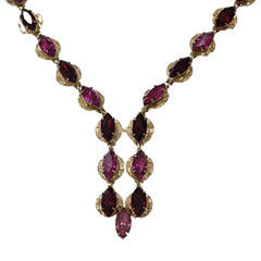 Red Pink Marquise Shape Rhinestone Gold Tone Necklace Negligee Lariat Vtg
