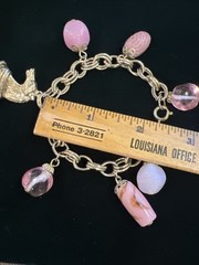 Vintage Unsigned Gold Tone Pink Art Glass Charm Horse Fob Bracelet 1960’s