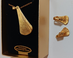 Vtg Art Deco Genuine Diamond Dust Necklace & Clip Earring Set, Gold Plated, NIB