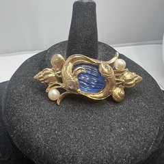 Gold Tone Blue Ribbed Glass Faux Pearl Seashell Fish Marine Life Brooch Pin