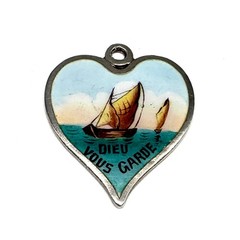 Antique German? 800+ Silver ENAMEL HEART CHARM “DIEU VOUS GARDE” Sailboat c1900