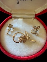 OPALITE 1/20 12KT Gold Filled Filigree Brooch & Screwback Earrings Vintage Box