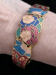 Vintage Cloisonne Clamper Bracelet Red Pink Butterfly Rose