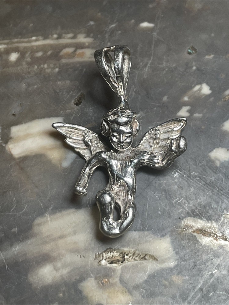 Vintage Winged Angel Pendant Charm In Solid Sterling Silver