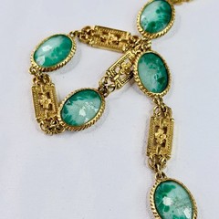 Vintage Accessocraft NYC Gold Tone Green Slag Glass Link Necklace 30” Pat Pend