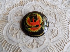 Vintage Hand Painted Firebird Wood Brooch Made In Russia Moscow 1993
