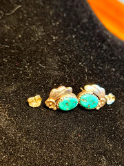 Vintage Turquois Earrings With Flower With Leaf Motif Signed ALV Anna Valencia