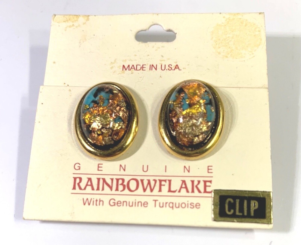 RainbowFlake Genuine Turquoise Lucite 18kt Gold Plate Clip Earrings Carded NOS