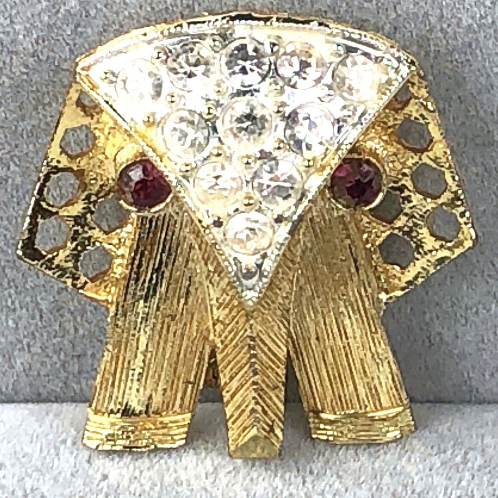 Vintage Elephant Brooch Mid Century Modern Gold Tone Rhinestone Red Eyes Mod Pin