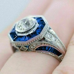 2.90Ct Art Deco Style Lab-Created Diamond & Blue Sapphire Engagement Silver Ring