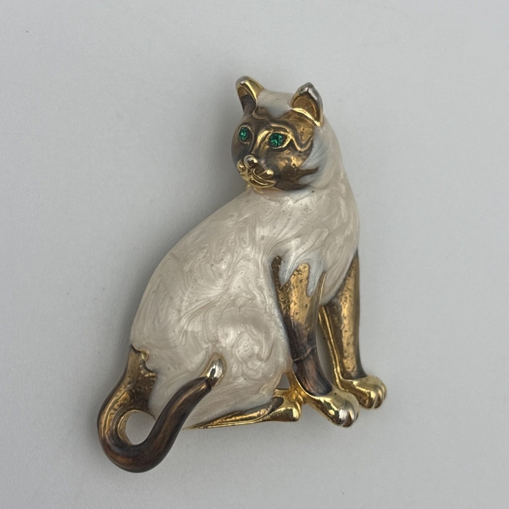 Green Eyed Cream Swirl Enamel Cat Kitten Brooch Gold Tone Siamese Ring Clasp