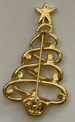 Signed JJJ USA Brooch Lapel Pin Holiday Christmas Tree Gold Tone Green Stones
