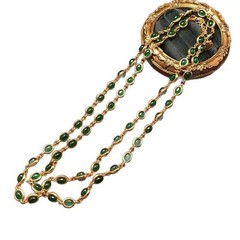 Vintage Green Cabochon Necklace Gold Tone Oval Link Statement Chain