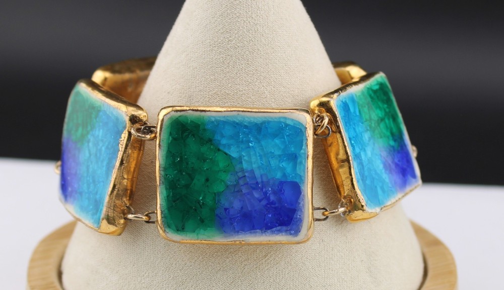 MCM 50s Studio Art Pottery Blue Green Fused Crackled Glass Glaze Panel Bracelet