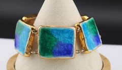 MCM 50s Studio Art Pottery Blue Green Fused Crackled Glass Glaze Panel Bracelet