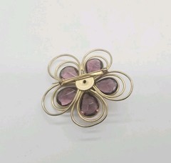 Flower Brooch Purple White Crystal Gold tone Wire Vintage 2.25 in