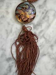 Vintage Cloisonne Enamel Phoenix Bird Pendant Necklace Brown Silk Cord Tassel