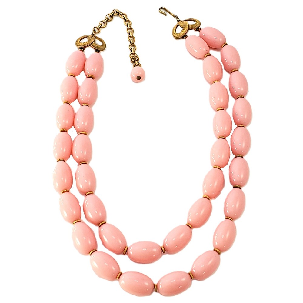 1950s PINK Lucite Oval Beaded Double Stranded Vintage Necklace 16″-18″