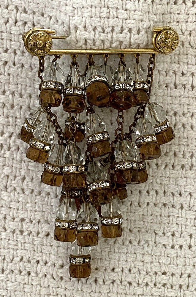 Unique Chandelier Dangle w Clear Rhinestones and Brown & Clear Crystals Brooch
