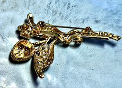 Vintage Pink & Clear Rhinestone Flower Stem Gold Toned Brooch/Pin, 3.” by 1.25″