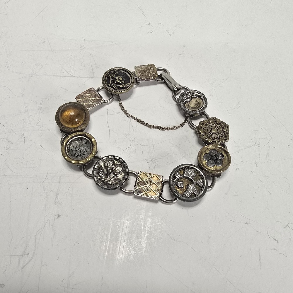 Vintage Victorian Era Antique Button Bracelet Mixed Metal Amber Glass Charm