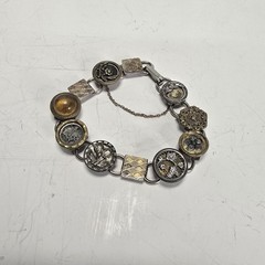 Vintage Victorian Era Antique Button Bracelet Mixed Metal Amber Glass Charm