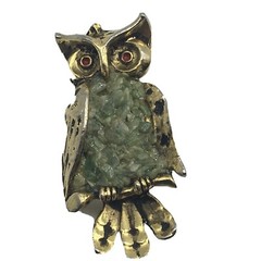 Vtg Gold Tone Green Stone Owl Bird Brooch pin Jewelry Accessory Costume Sweet
