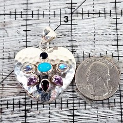 VINTAGE HAMMERED GEMSTONE HEART STERLING SILVER 925 PENDANT SOUTHWEST LOVE RETRO