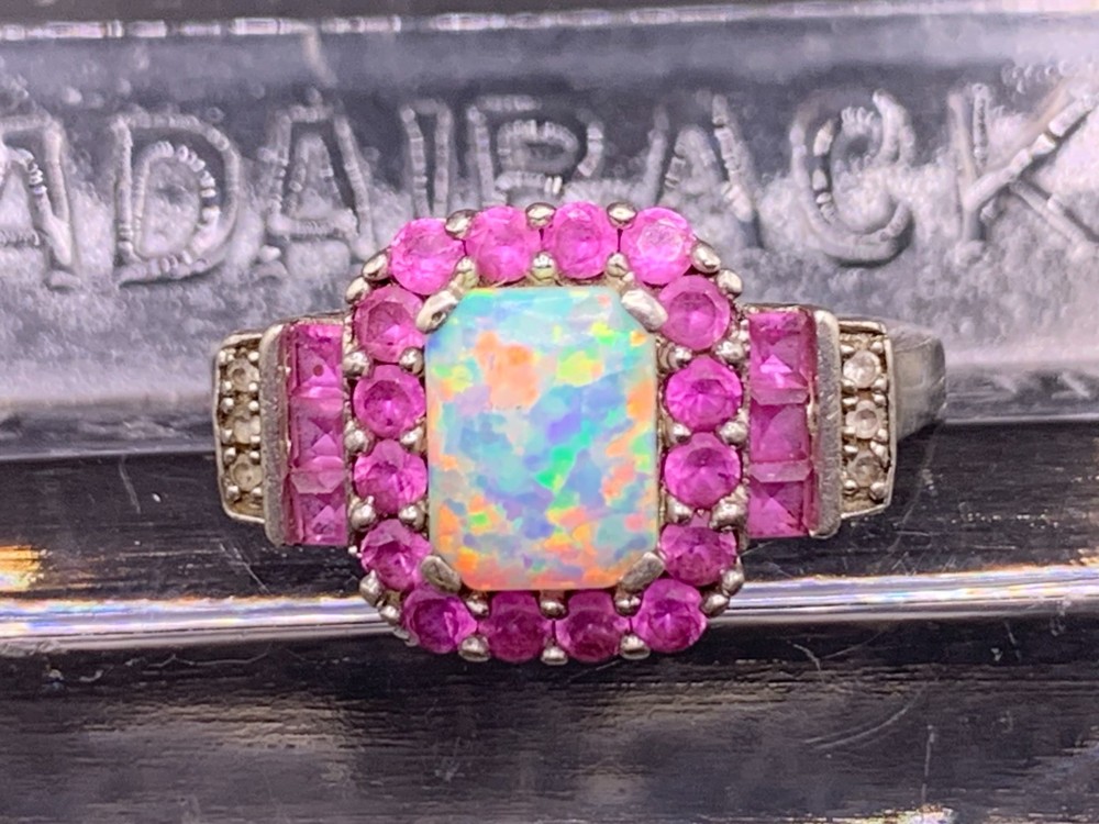 Vintage Sterling Silver Opal ring pink topaz accent stones signed P star M sz 8