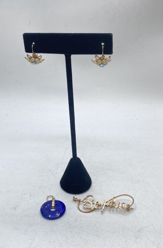 Vintage Gold Filled 3pc Jewelry Lot Lapis Lazuli Sophia Brooch AB Flower Earring