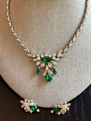 Beautiful Antique Vintage ORA 1930’s Necklace Earrings Emerald Rhinestones