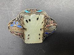 Antique Silver Cloisonne Carved Green Jade Pin/Brooch