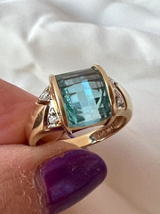 VINTAGE 14K YELLOW GOLD CHECKERBOARD PRISM CUT BLUE TOPAZ DIAMONDS RING DESIGNER