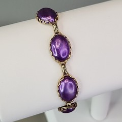 Vintage Oval Bead Bracelet Purple Pearlized Gold Tone Linked 6.75″
