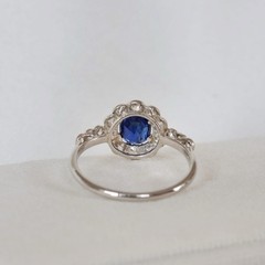 Art Deco Lab Created Diamonds ring with blue sapphire 14k White Gold Finish Ring